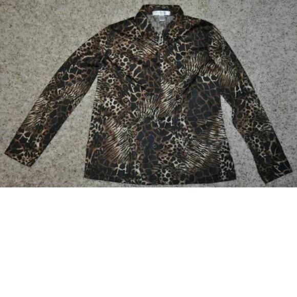 Womens Brown Leopard Button Up Shirt Large Rafael Long Sleeve Collared Top - Picture 1 of 4